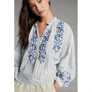 Anthropologie White & Blue Striped Embroidered Peasant Blouse